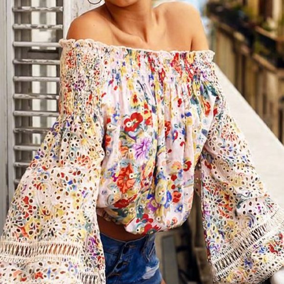 Fashion Concepts Tops - Fashion Concepts Floral Bell Sleeve Valencia Off-Shoulder Top